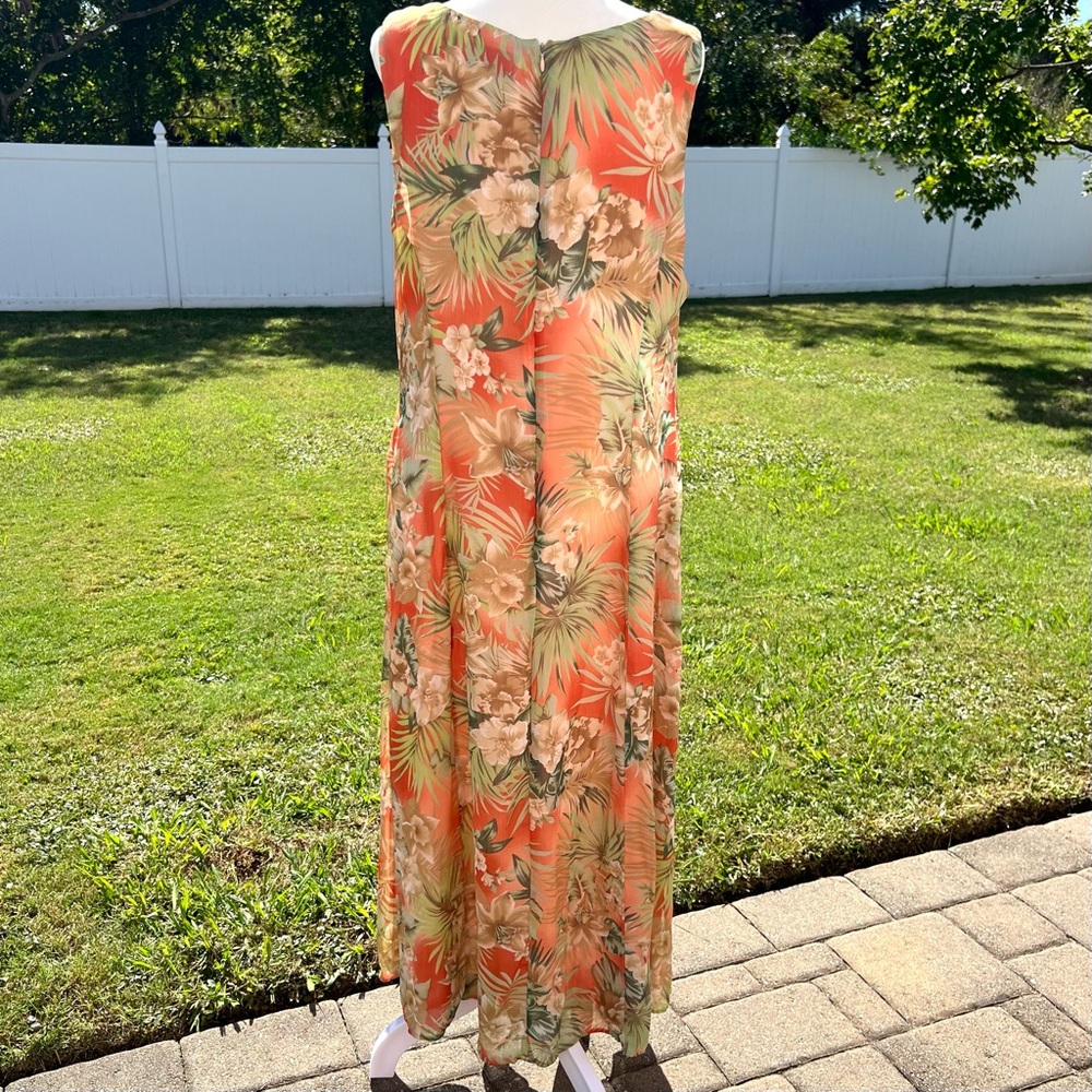Danny & Nicole Peach Maxi Dress with Beige and Green Tropical Print Sz 16 - Picture 6 of 15